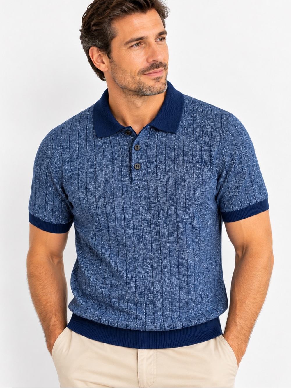 Gran Sasso Men’s Linen Cotton Knit Polo Blue Made in Italy-XL